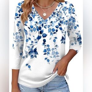Blue Floral V-Neck Long Sleeve Tee - Women